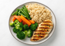 Assiette remplie avec des légumes, de la viande et du riz