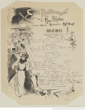 Menu dessiné où figure une foule et le Moulin Rouge à Paris