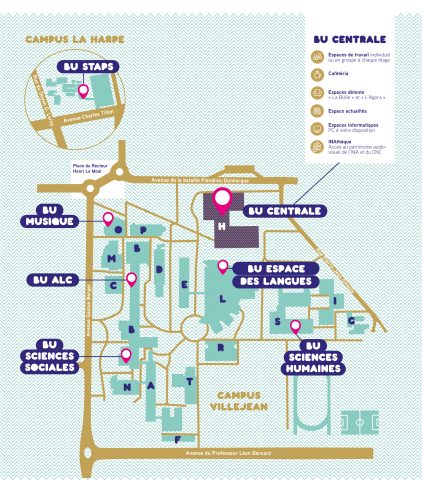 Plan des BU sur le campus de Rennes 2